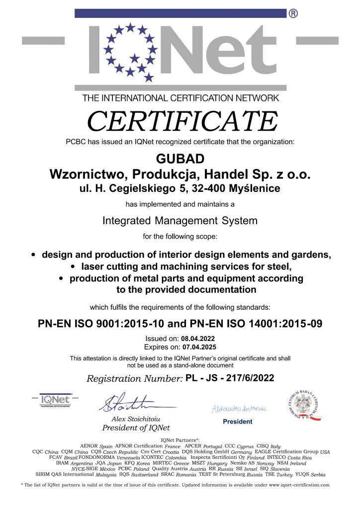 Certificate GUBAD PN-EN ISO 9001 i 14001
